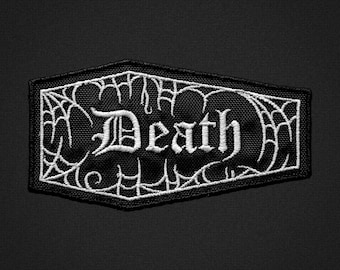 Patch bordado da Morte - Morto, Caixão, Teia de Aranha, Assustador, Gótico, Maligno, Terror, Alternativo, Sombrio, Black Metal - Patch para Costurar