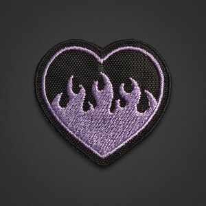 Fire Heart Embroidery Patch (3pcs) - Flames, Burning Heart, Purple Heart, Goth, Rebel, Punk - Sew-On Patch