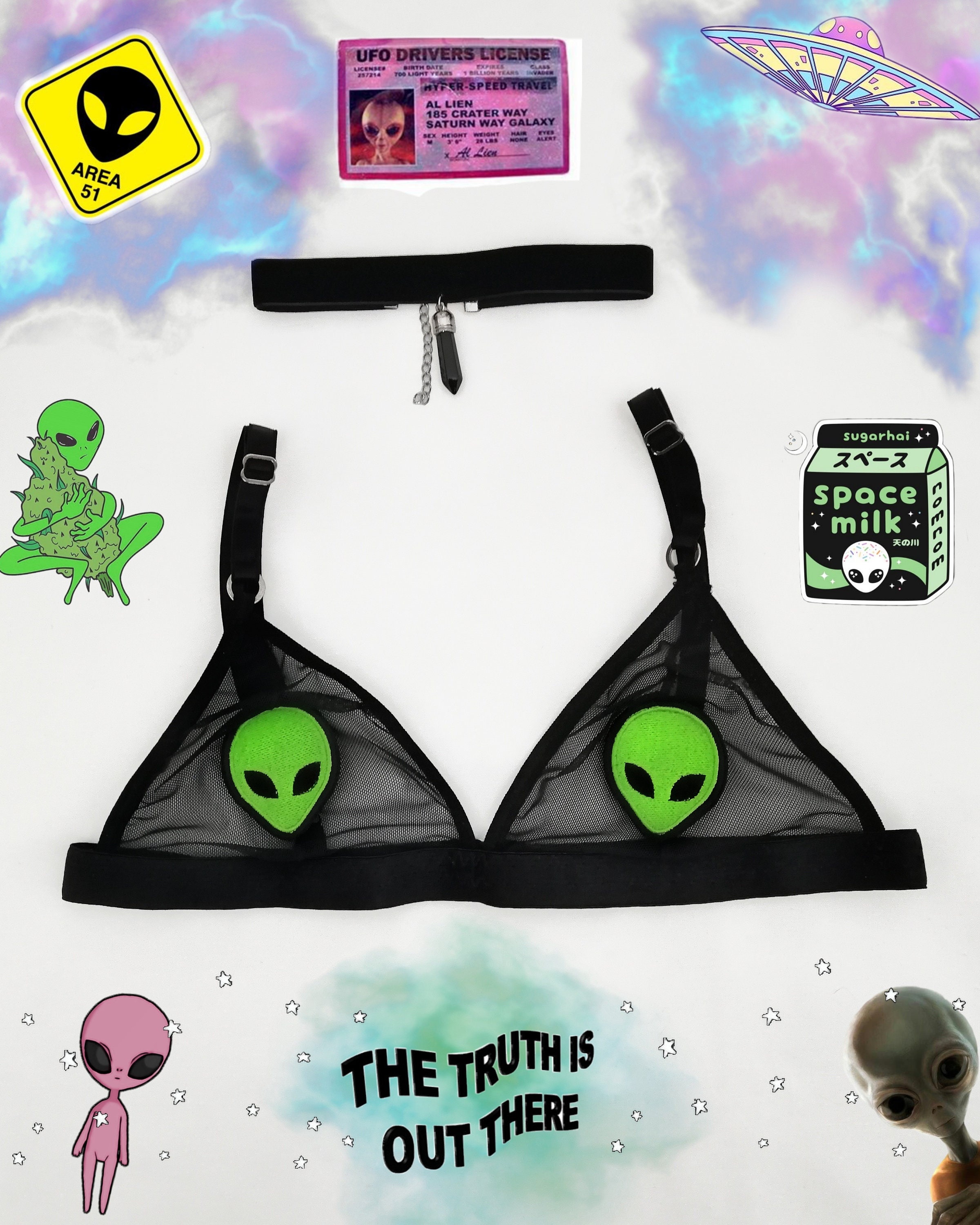 Alien Bralette Mesh Rave Bra Festival Bra UFO See Through Sexy