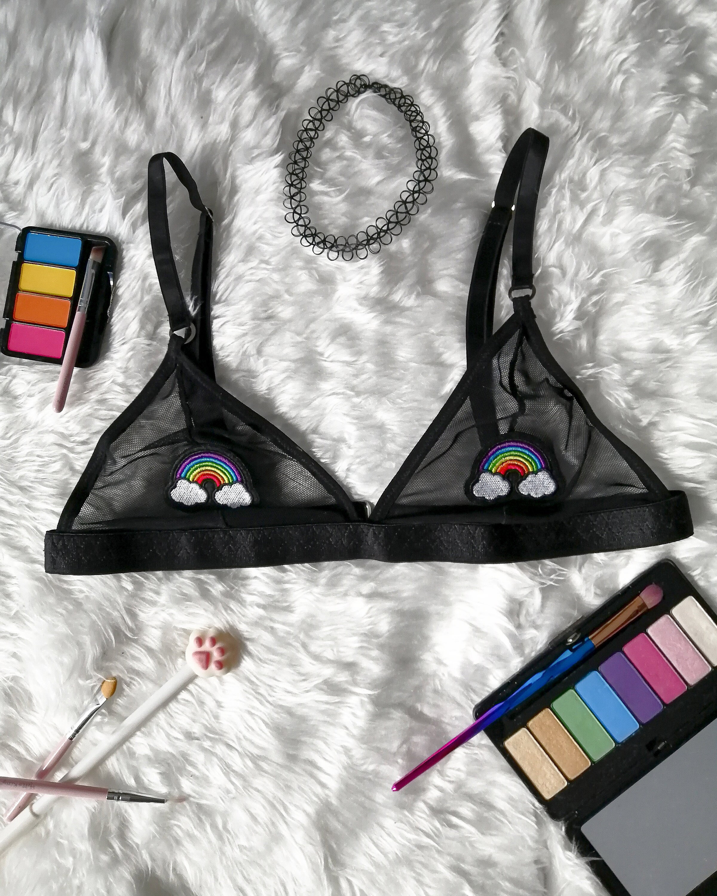 Mesh Bralette Rainbow Rave Bra Festival Bra Lingerie See Through Patches 