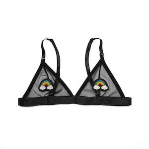 Rainbow Mesh Bralette - Rave Bra Festival Bra Lingerie See Through Patches