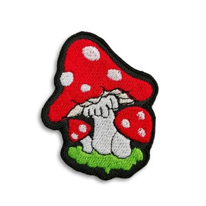 Puede incluir: Parche bordado con un hongo rojo con puntos blancos y un tallo blanco. El hongo está sobre una base de hierba verde y tiene un borde negro. Un diseño caprichoso con temática de la naturaleza.