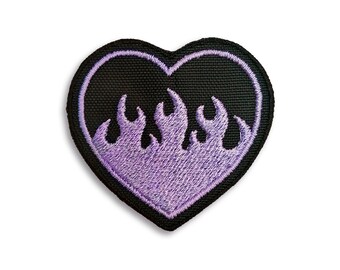 Patch de broderie coeur de feu (3 pièces) - écusson à repasser, à coudre - flammes, coeur brûlant, coeur violet, gothique, patchs mélangés