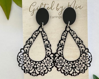 Black Floral Filigree Teardrop Dangle Earrings