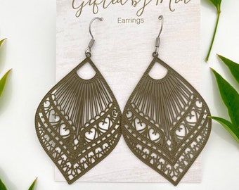 Khaki Green Large Teardrop Filigree Statement Earrings