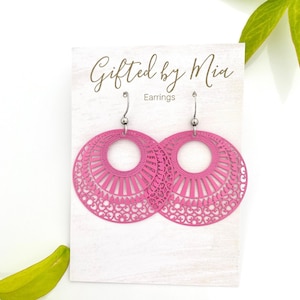 Pink Round Filigree Dangle Earrings | Pink Statement Earrings
