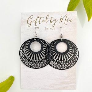 Black Round Filigree Dangle Earrings | Statement Earrings | Modern Boho Earrings | Festival Earrings