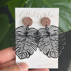 Black Monstera Filigree Leaf Dangle Stud Earrings | Statement Earrings | Boho