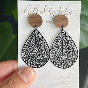 Black Filigree Tear Drop Earrings Wooden Summer Statement Earrings Hypoallergenic Stainless Steel