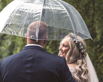 Pack of 12 Wedding Umbrellas 46" Large Transparent Style Stick – Bulk Windproof Auto Open J Handle Canopy Rain Umbrella Crystal Clear