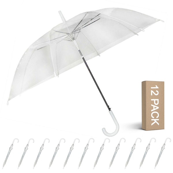 Stylish Bulk Pack of 12 Crystal Clear Wedding Umbrellas for Bridal Accessory, Photography, Décor. Large 46" Canopy Wind & Rain Protection