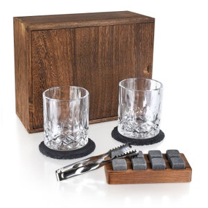 Granite Whiskey Stones Wooden Box Gift Set with Whiskey Glasses, Bourbon Glasses, Reusable Ice Cubes, Whisky Lover Gift, Gift Idea for Him