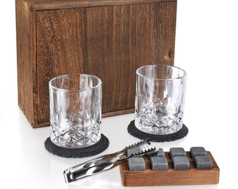 Granite Whiskey Stones Wooden Box Gift Set with Whiskey Glasses, Bourbon Glasses, Reusable Ice Cubes, Whisky Lover Gift, Gift Idea for Him