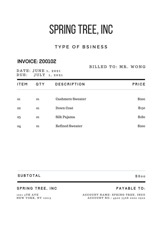 simple invoice template editable invoice printable invoice etsy