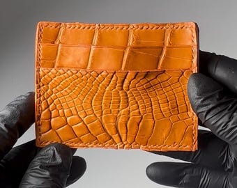 Burnt orange alligator mens cardholder wallet