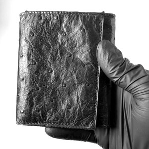 Cartera de avestruz de tres pliegues, cartera de viaje, cartera de piel de avestruz, cartera cosida a mano, cuero fino, cartera de avestruz negra, cartera exótica de lujo,