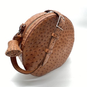 Cognac Brown genuine ostrich circle crossbody bag
