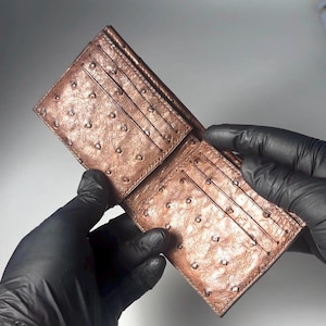 Cartera de avestruz, billetera de cuero de lujo, regalos para él, billetera de avestruz marrón, billetera plegable de avestruz, a medida, regalos para papá, regalos para novios