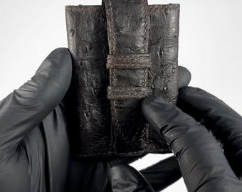 Brown ostrich leather micro wallet