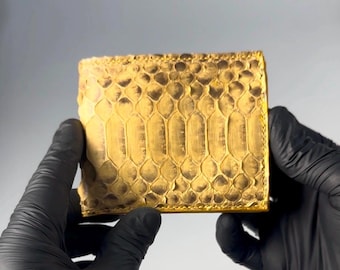 Mustard Yellow genuine python bifold mens wallet with chevre goat interior