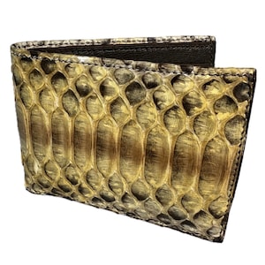Billetera pitón amarilla, billetera bifold Python, billetera piel de serpiente, billetera hecha a mano, billetera tarjeta de cuero, billetera pitón