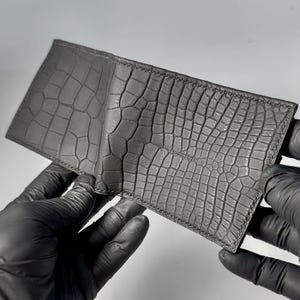 Ultra matte black genuine American alligator mens bifold wallet, Handstitched luxury exotic billfold, wallets for him, Handmade in USA
