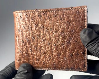 Brown ostrich skin mens bifold wallet
