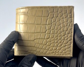 Taupe genuine American alligator mens bifold wallet