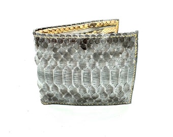 Grey python mens bifold wallet with mustard python interior