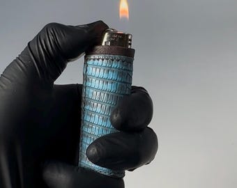 Handmade sky blue luxury  exotic leather lighter case