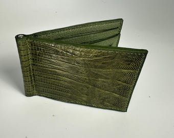 Olive green exotic leather money clip wallet
