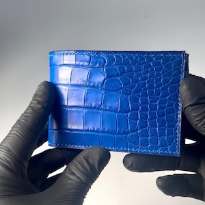 Blue Genuine American alligator bifold wallet with interior cardcase