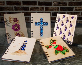 Wood Notebook, Strawberry Wood Journal, Floral Wooden Notebook, Lighthouse Wood Journal, Laser Cut Wood Journal, Sketchbook, Lined Pages