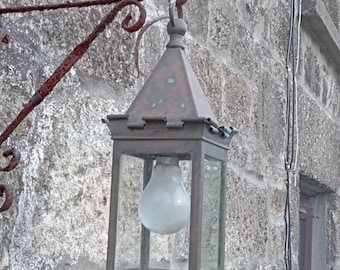 Vintage Antique Copper Arts & Crafts Hanging Lantern Castellated Exterior Light.