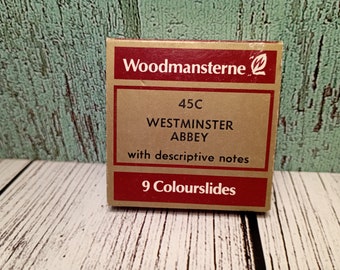 Ensemble de diapositives en couleur vintage Woodmansterne 45 c Westminster Abby avec notes descriptives des années 1970