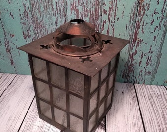 Antique Vintage Hanging Porch Candle Lamp Shade Copper And Glass Lantern Cottage