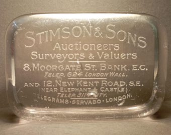 Antique Stimson & Sons Auctioneers Surveyors London Glass Block Advertising Paperweight