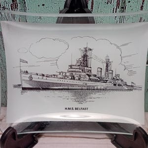 Vintage 1970s Rare HMS Belfast Glass Ashtray Royal Navy WW2 Town Class Cruiser