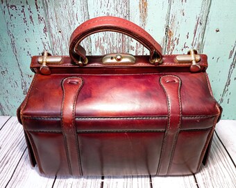 Vintage Antique Tan Leather Gladstone Bag Leather Doctors Lined Hand Bag Case