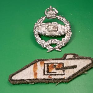 May include: Two military insignia on a green background. The top one is a silver-colored badge with a tank design, a crown, and the words "FAR TAUGHT". Below is a tank-shaped patch with a white background and brown and black details.