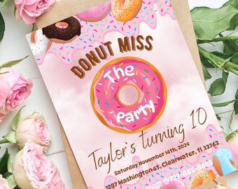 Sweet Donut Birthday Invitation 10 year old  Girl, Editable Donut Birthday Invite, Any Age Donut Birthday Party Invitation,