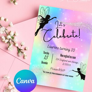 May include: A rainbow-colored invitation with a silhouette of a fairy holding a wand. The invitation is for a 10th birthday party for Laurens, to be held on Thursday, December 13th at the New England Tea Room. The address is 124 England Ave, Chicago, IL 55555. Please RSVP to Tom by November 1st at 999-9999.