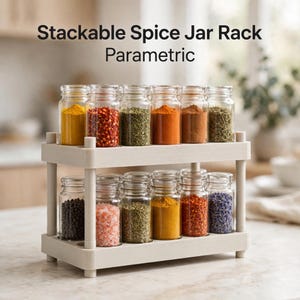 May include: A two-tiered, off-white stackable spice jar rack holding twelve clear glass jars filled with various colorful spices and herbs. The text "Stackable Spice Jar Rack Parametric" is printed in black above the rack.
