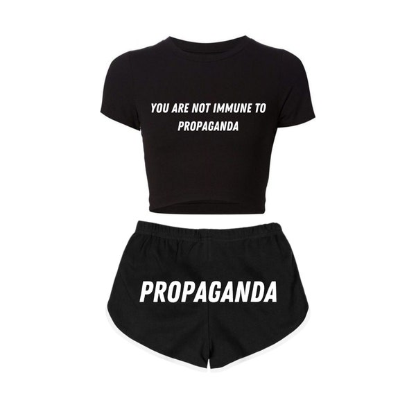 you are not immune to propaganda crop and booty shorts set, Booty Shorts, Gym Shorts, Athletic Booty Shorts,Funny Saying Shorts