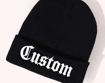Custom Embroidered Beanie: Old English Font, Personalized Winter Hat
