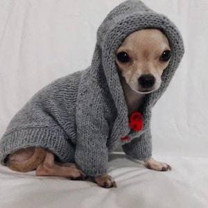 May include: A small dog wearing a gray knitted hoodie with a hood and red button closures. The dog is light brown with large, dark eyes and is sitting on a white surface. The hoodie appears to be handmade.