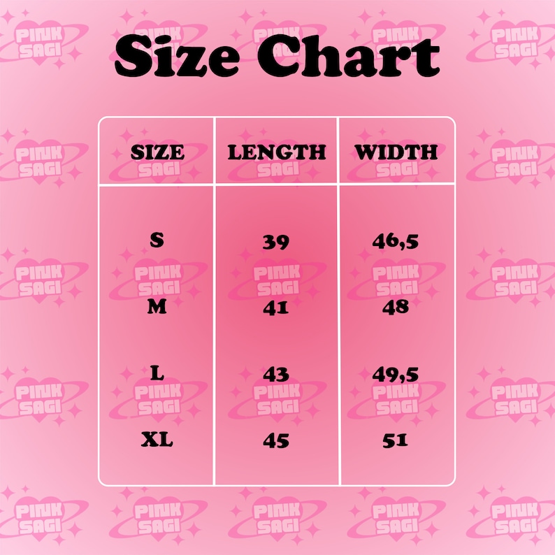 Puede incluir: Una tabla de tallas rosa con el texto "Size Chart" en la parte superior. La tabla enumera las tallas S, M, L y XL con las medidas de longitud y ancho correspondientes en cent&iacute;metros.