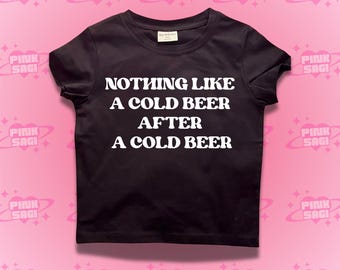 Y2K Graphic Crop Top Baby Tee: Cold Beer Design