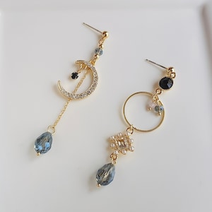 Moon Crystal Drop Earrings, Dangle Crystal Earrings, Gold Moon Earrings, Blue Moon Earrings, Mismatched Earrings
