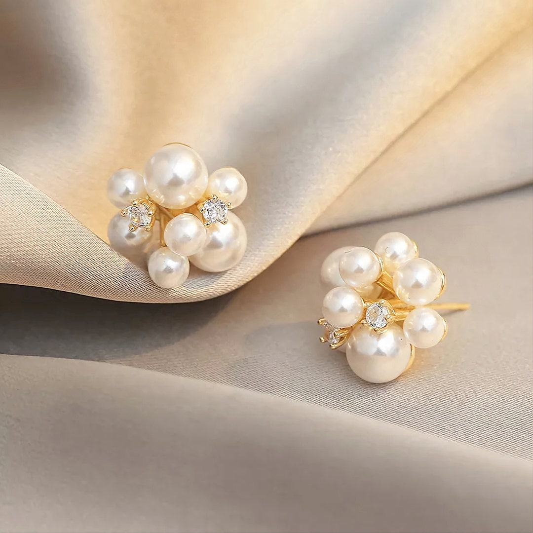 Pearl Cluster Earrings Pearl Stud Earrings Natural Pearl - Etsy